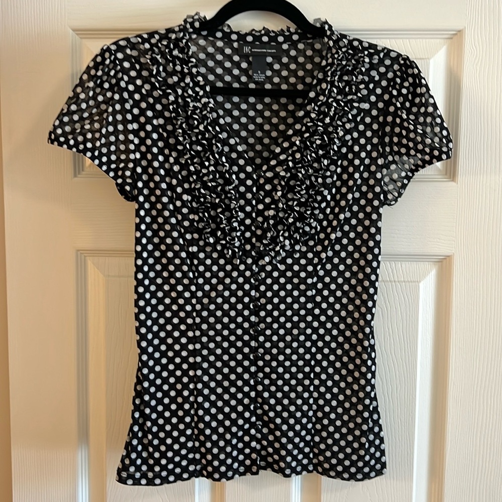 INC v-neck button down black & white polkadot top size S